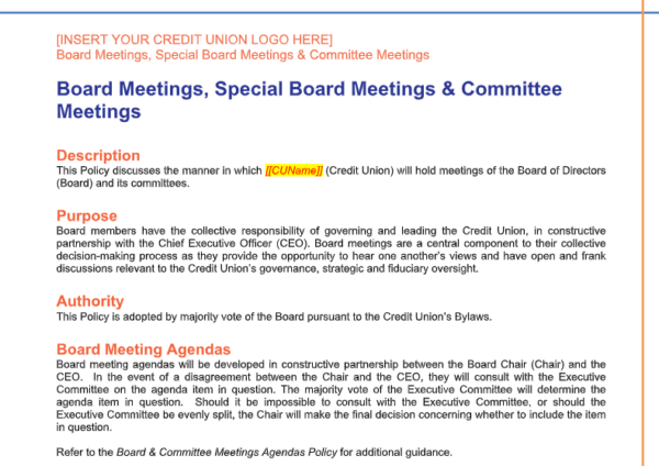Board Meetings, Special Board Meetings, and Committee Meetings Policy